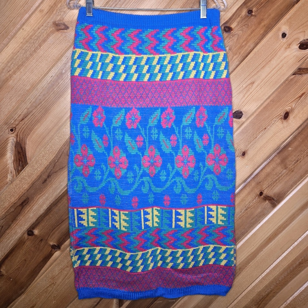 Vintage Junior Exchange Bright Colorful Acrylic Knit‎ Midi Skirt Large Geometric